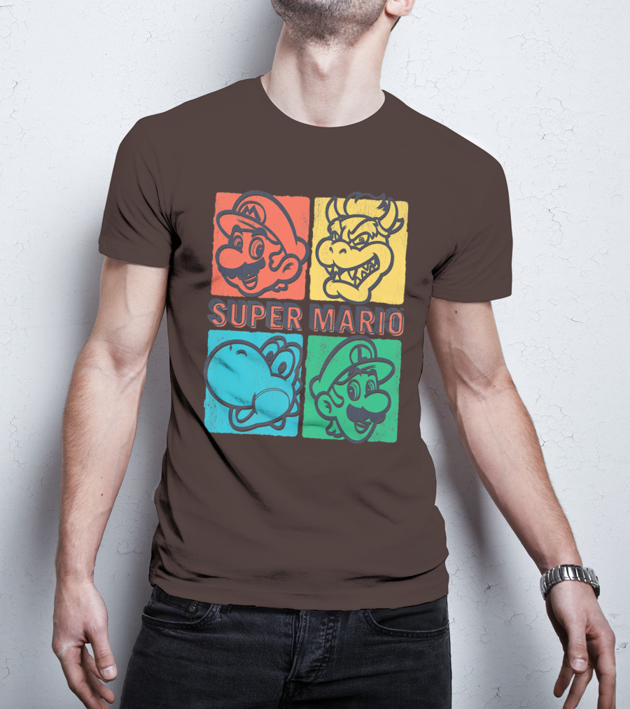 Super Mario Bowser Yoshi Luigi Distressed Square Group Shot T-Shirt