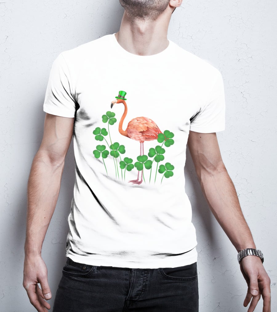 Flamingo With Shamrocks And Leprechaun Hat T-Shirt