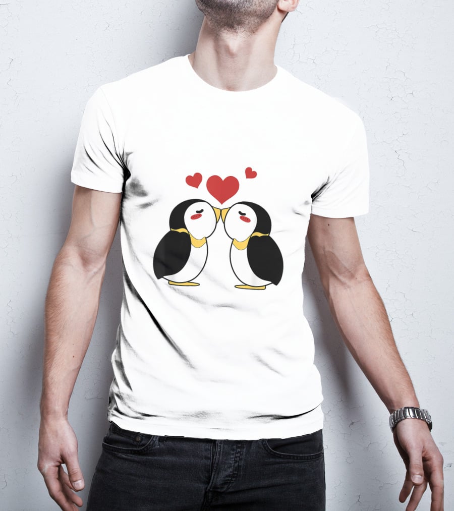 Cute Penguin Lovers Kissing With Hearts Above T-Shirt