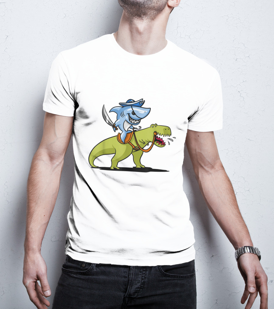 Shark Pirate Riding T-Rex Dinosaur Adventure T-Shirt