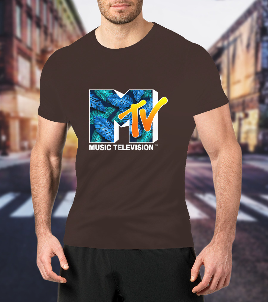 MTV Music Television Blue Green Tropical Leaf Fill T-Shirt