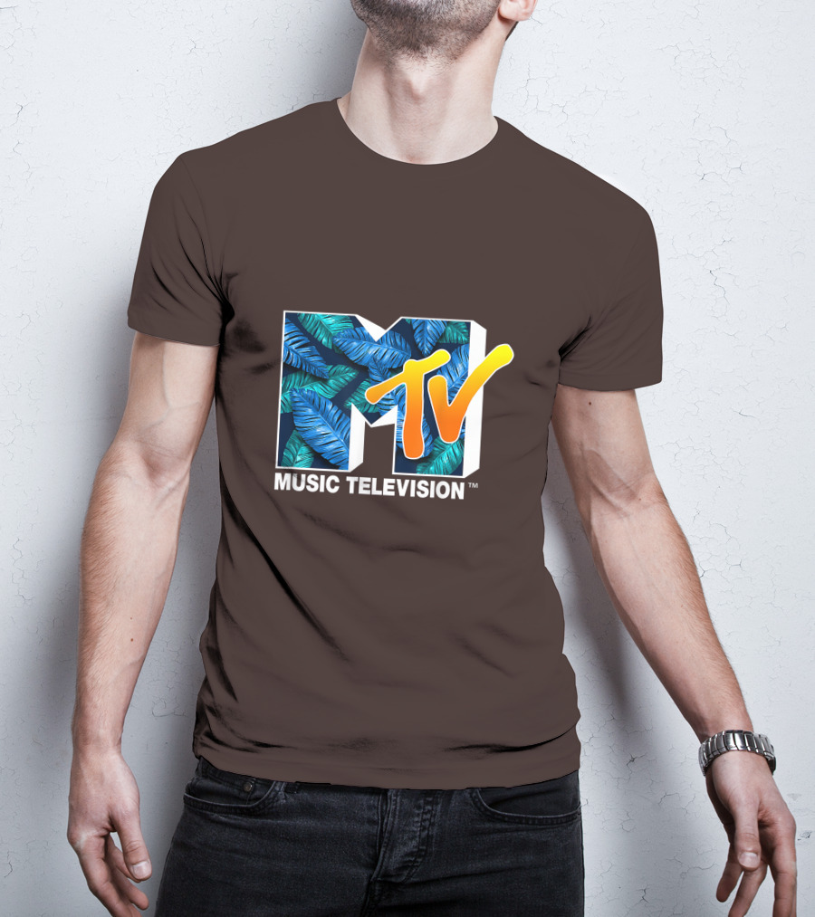 MTV Music Television Blue Green Tropical Leaf Fill T-Shirt