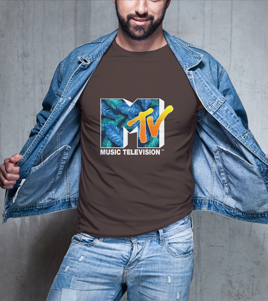 MTV Music Television Blue Green Tropical Leaf Fill T-Shirt