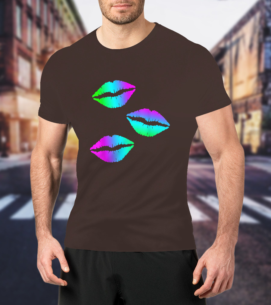 Funky Bright Neon Colours 80s Lipstick Rainbow Kiss Prints T-Shirt
