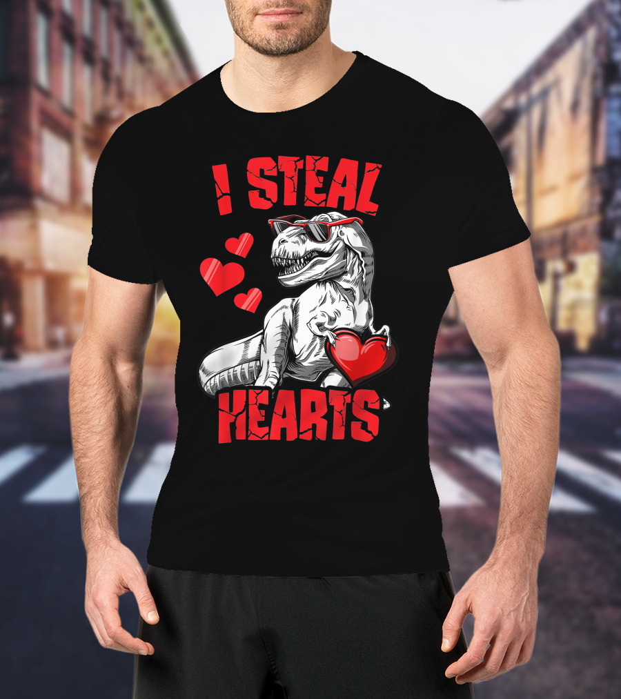 Valentines Day Kids Dinosaur T-Rex Lover I Steal Hearts T-Shirt
