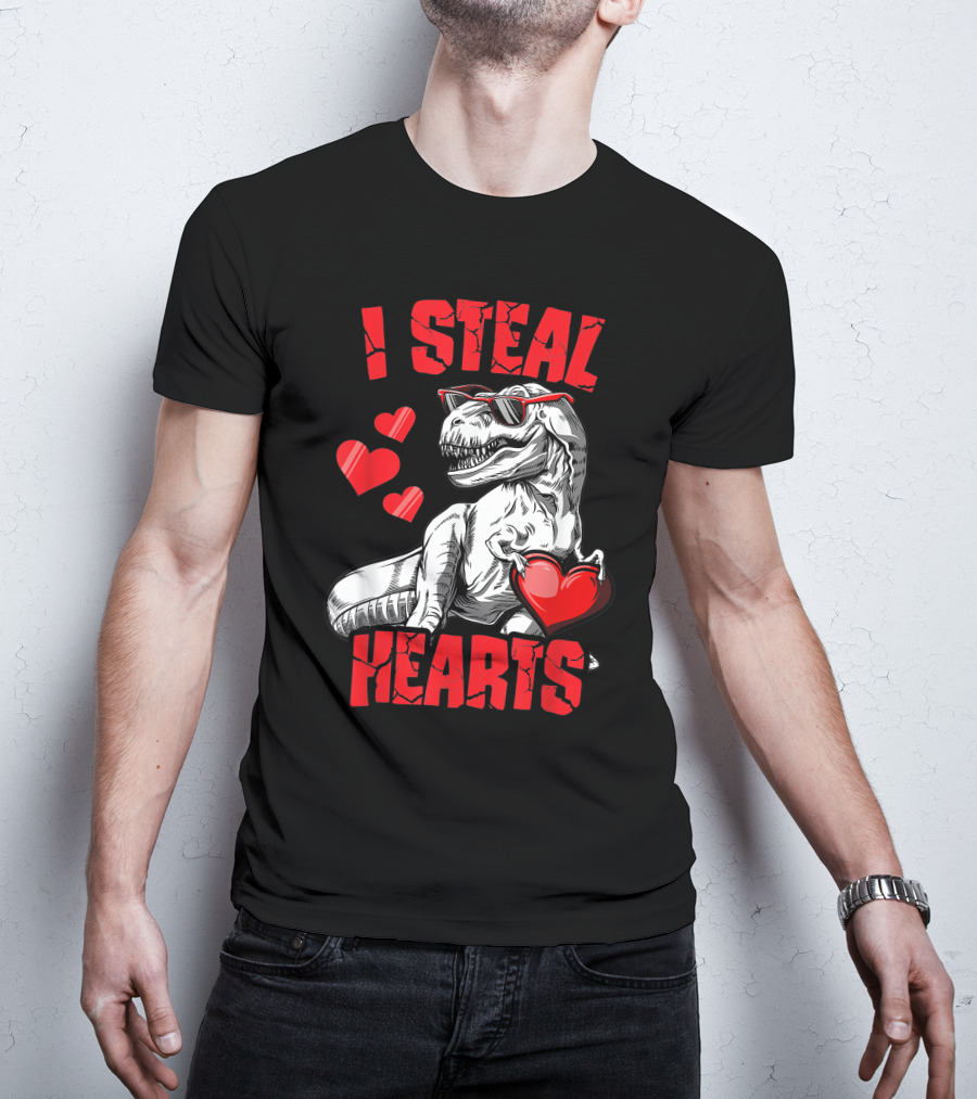 Valentines Day Kids Dinosaur T-Rex Lover I Steal Hearts T-Shirt