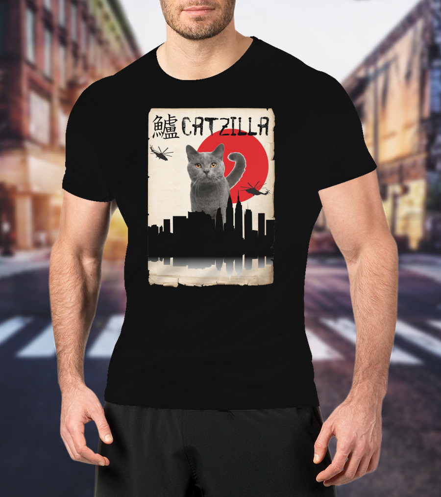 Catzilla Japanese Monster Cat Red Sun Helicopters City Skyline T-Shirt