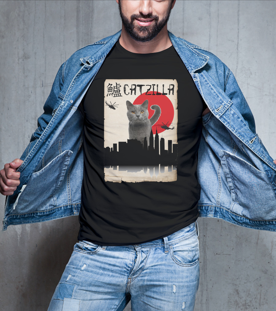 Catzilla Japanese Monster Cat Red Sun Helicopters City Skyline T-Shirt
