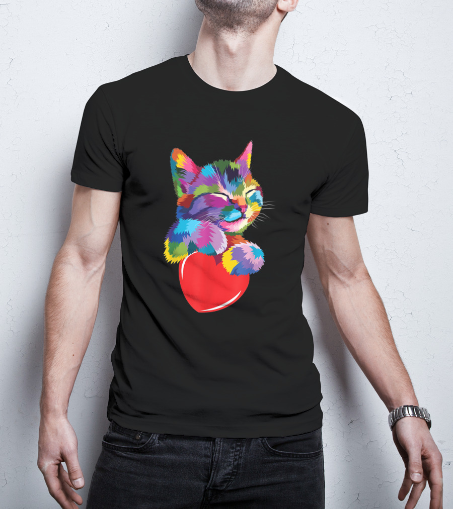 Colorful Cat Hugging Red Heart Cat Lover T-Shirt