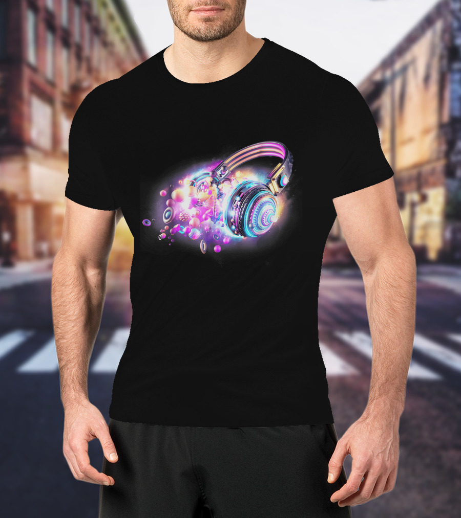 LED Sound Activated Glow DJ Headphones Neon Lights Music Vibes T-Shirt