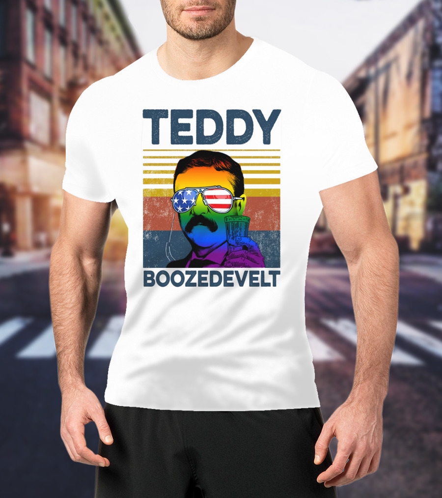 Teddy Boozedvelt Rainbow American Flag Sunglasses Beer Drink T-Shirt