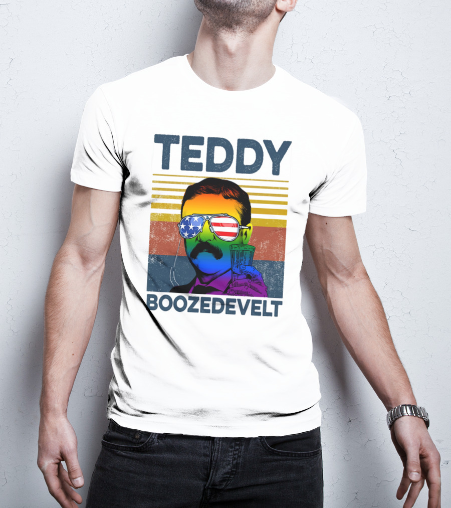 Teddy Boozedvelt Rainbow American Flag Sunglasses Beer Drink T-Shirt