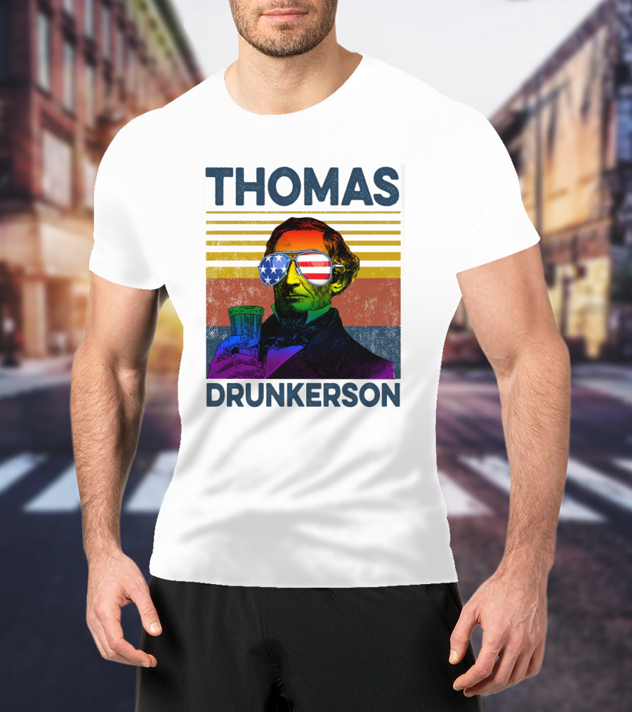 THOMAS DRUNKERSON USA Flag Sunglasses Drinking Beer T-Shirt