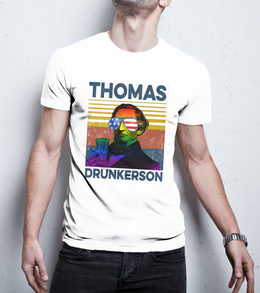 THOMAS DRUNKERSON USA Flag Sunglasses Drinking Beer T-Shirt