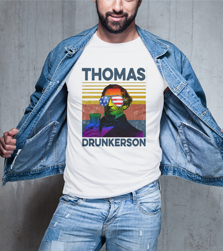 THOMAS DRUNKERSON USA Flag Sunglasses Drinking Beer T-Shirt