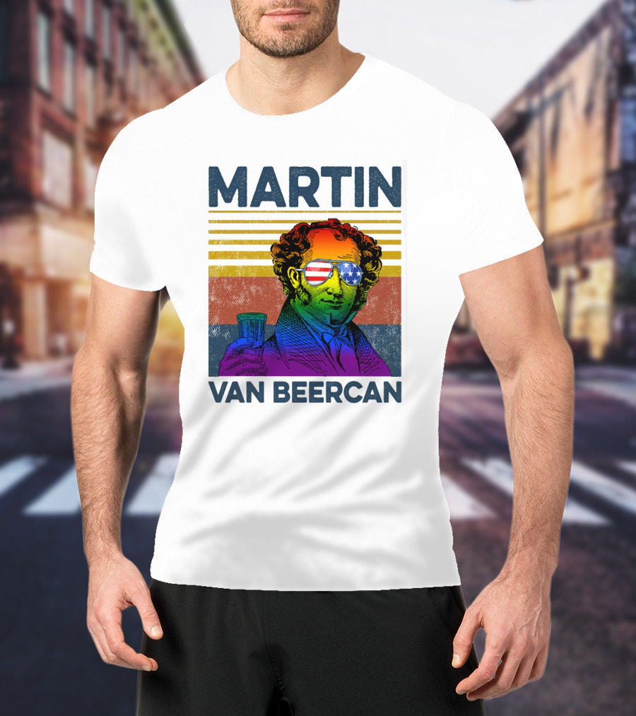 Martin Van Beercan American Flag Sunglasses Retro Drink Stripe T-Shirt