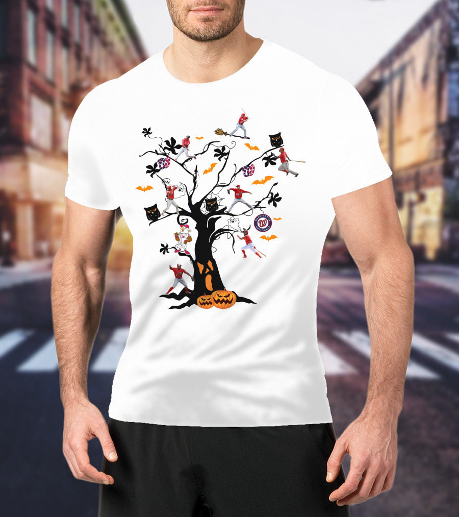 Washington Nationals Halloween Baseball Spooky Tree With Pumpkins And Bats T-Shirt