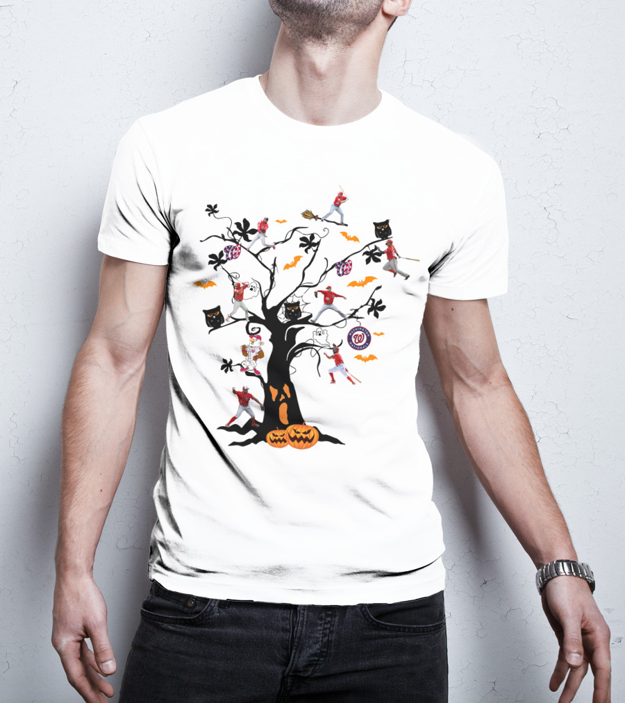 Washington Nationals Halloween Baseball Spooky Tree With Pumpkins And Bats T-Shirt