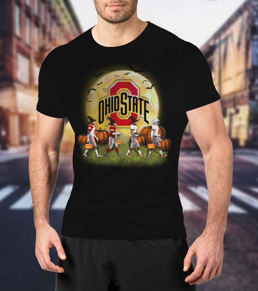 Ohio State Buckeyes Halloween Moon Walk With Pumpkins And Bats T-Shirt