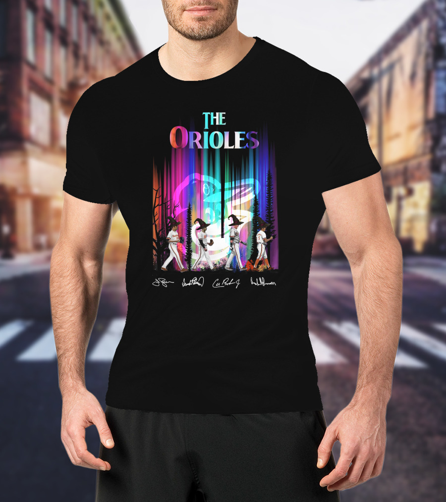 The Orioles Players And Signatures With Logo And Rainbow Background T-Shirt