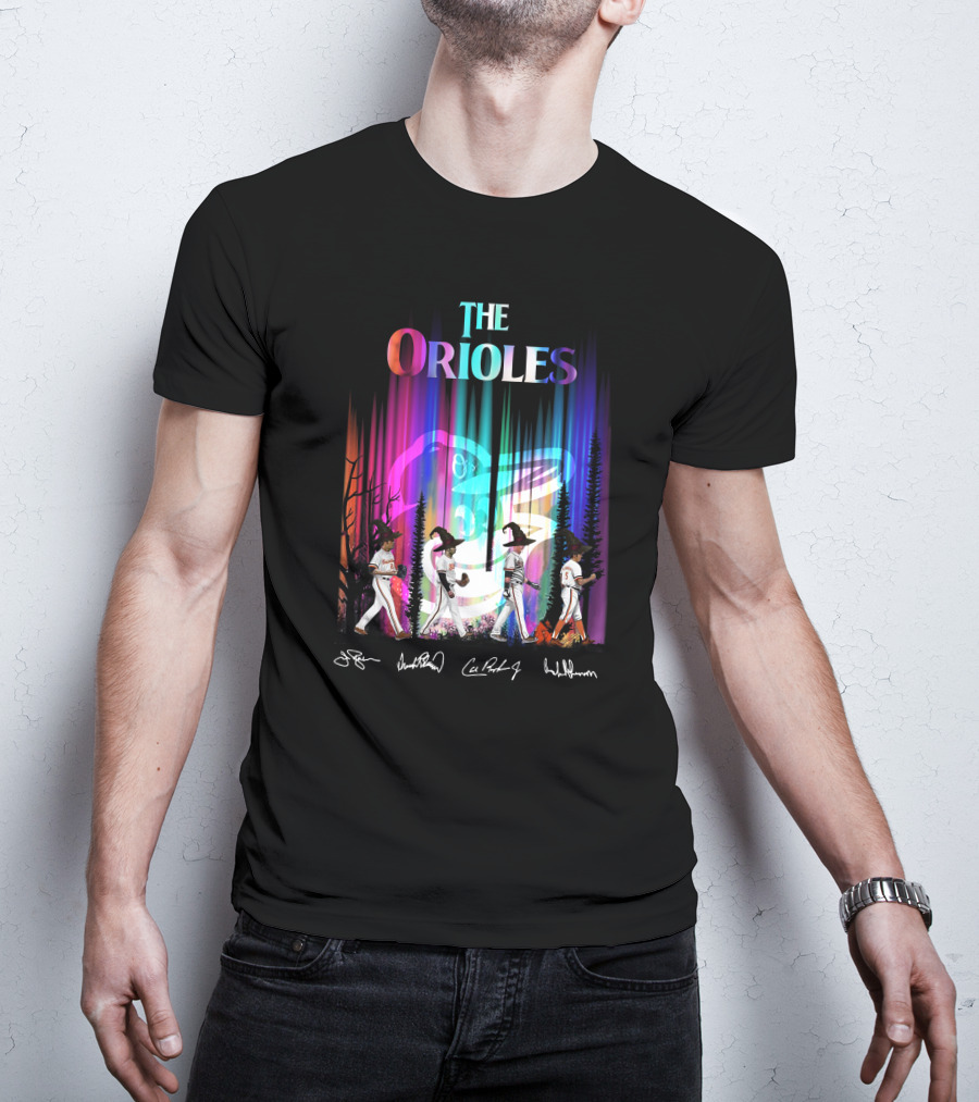 The Orioles Players And Signatures With Logo And Rainbow Background T-Shirt