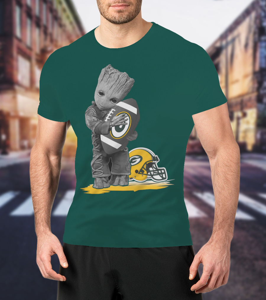 Groot Hugging Green Bay Packers Football With Helmet T-Shirt