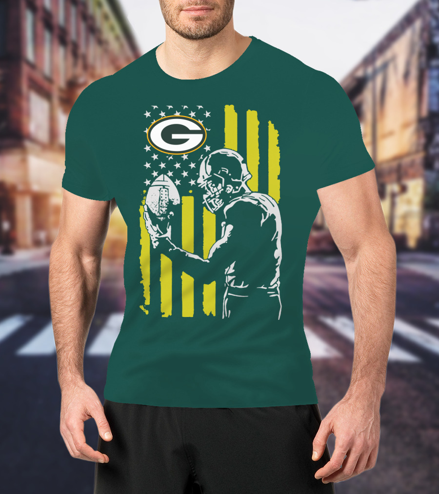 Green Bay Packers Logo And Football Player With American Flag T-Shirt