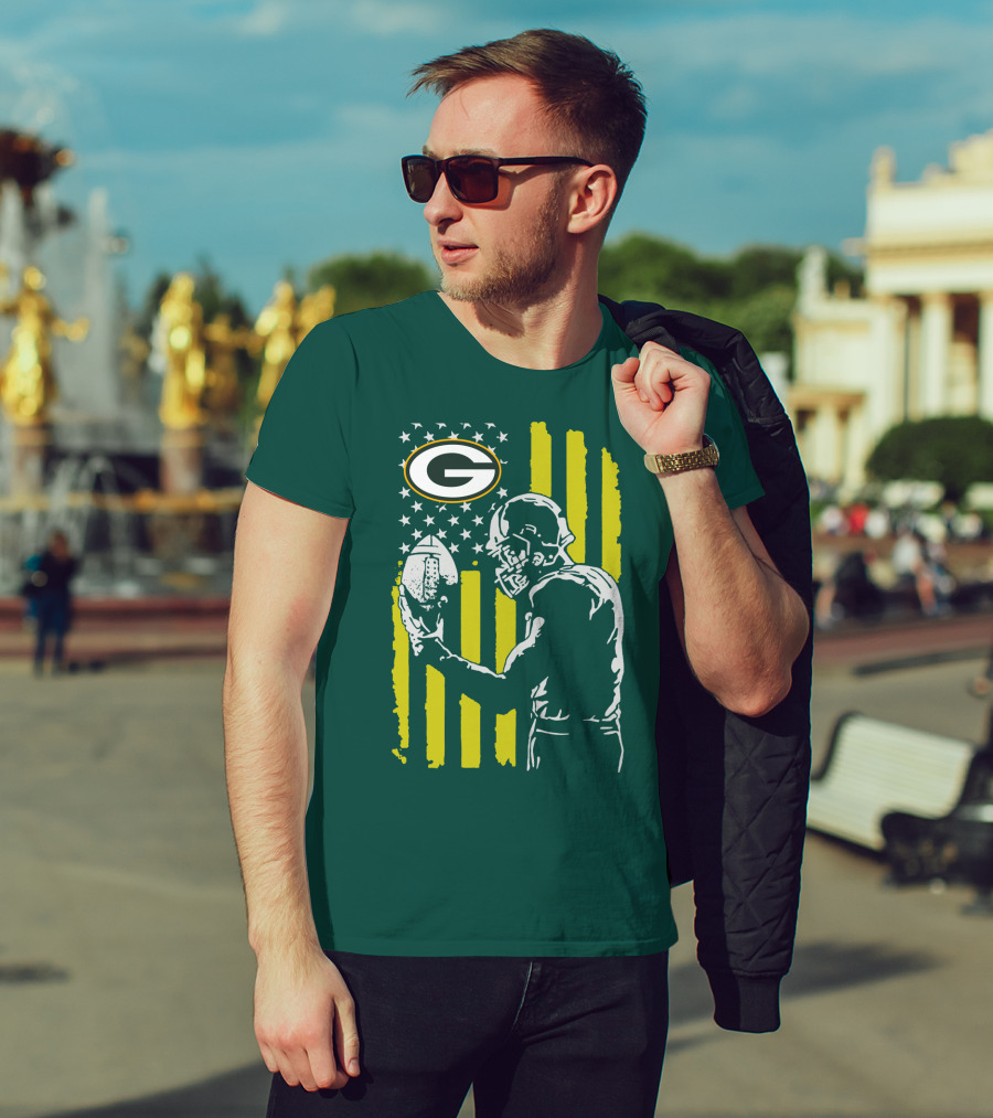 Green Bay Packers Logo And Football Player With American Flag T-Shirt