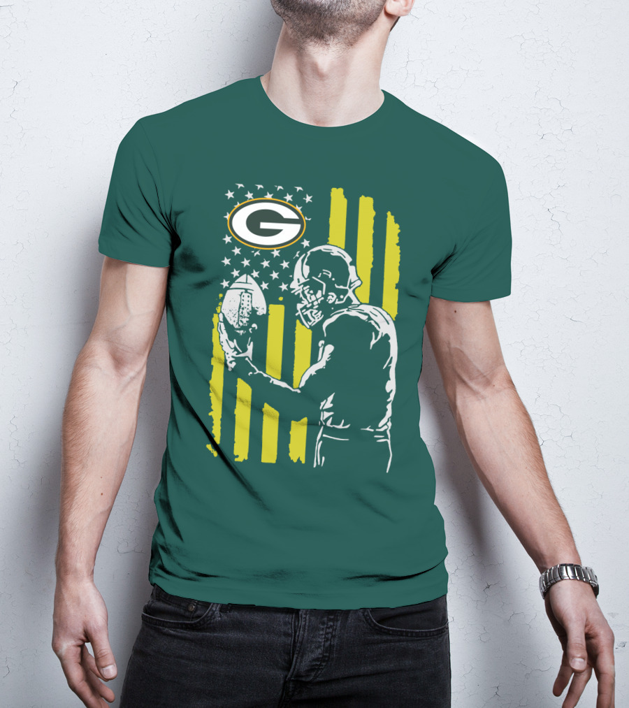 Green Bay Packers Logo And Football Player With American Flag T-Shirt