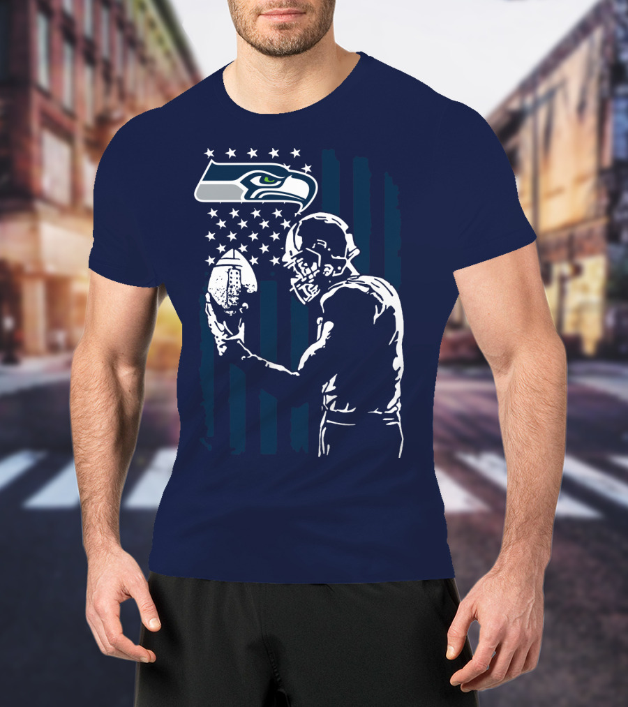 Seattle Seahawks Football Player Stars Stripes Helmet T-Shirt