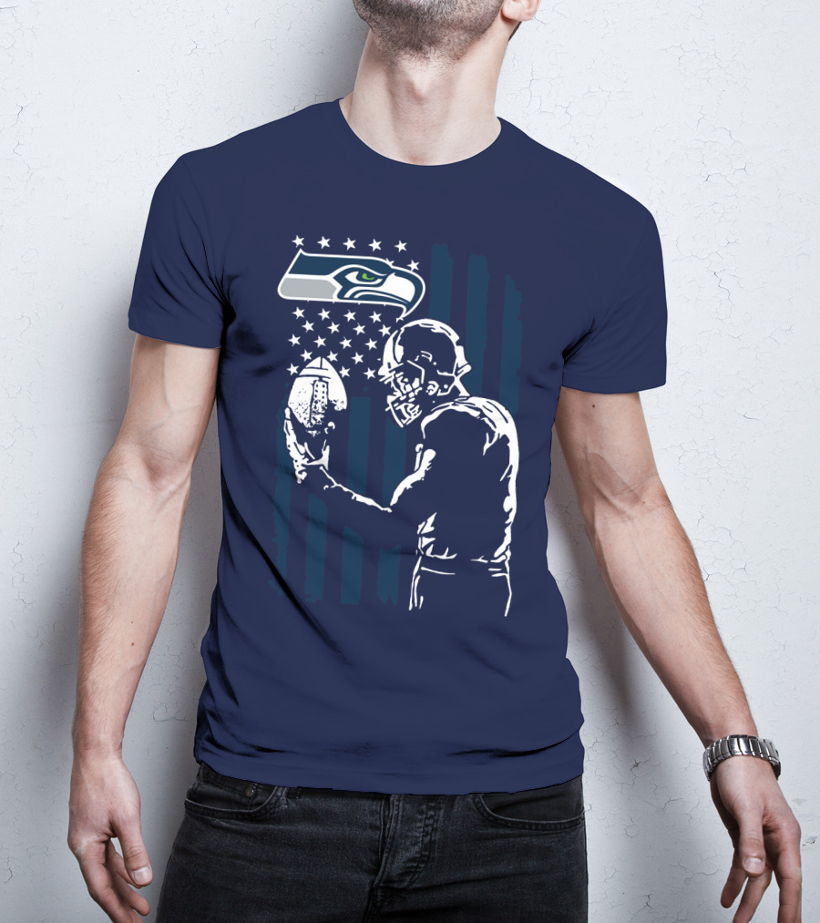 Seattle Seahawks Football Player Stars Stripes Helmet T-Shirt
