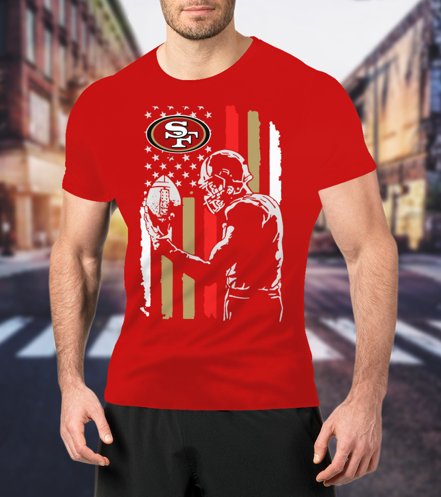 San Francisco 49ers Football Player With Logo And American Flag T-Shirt