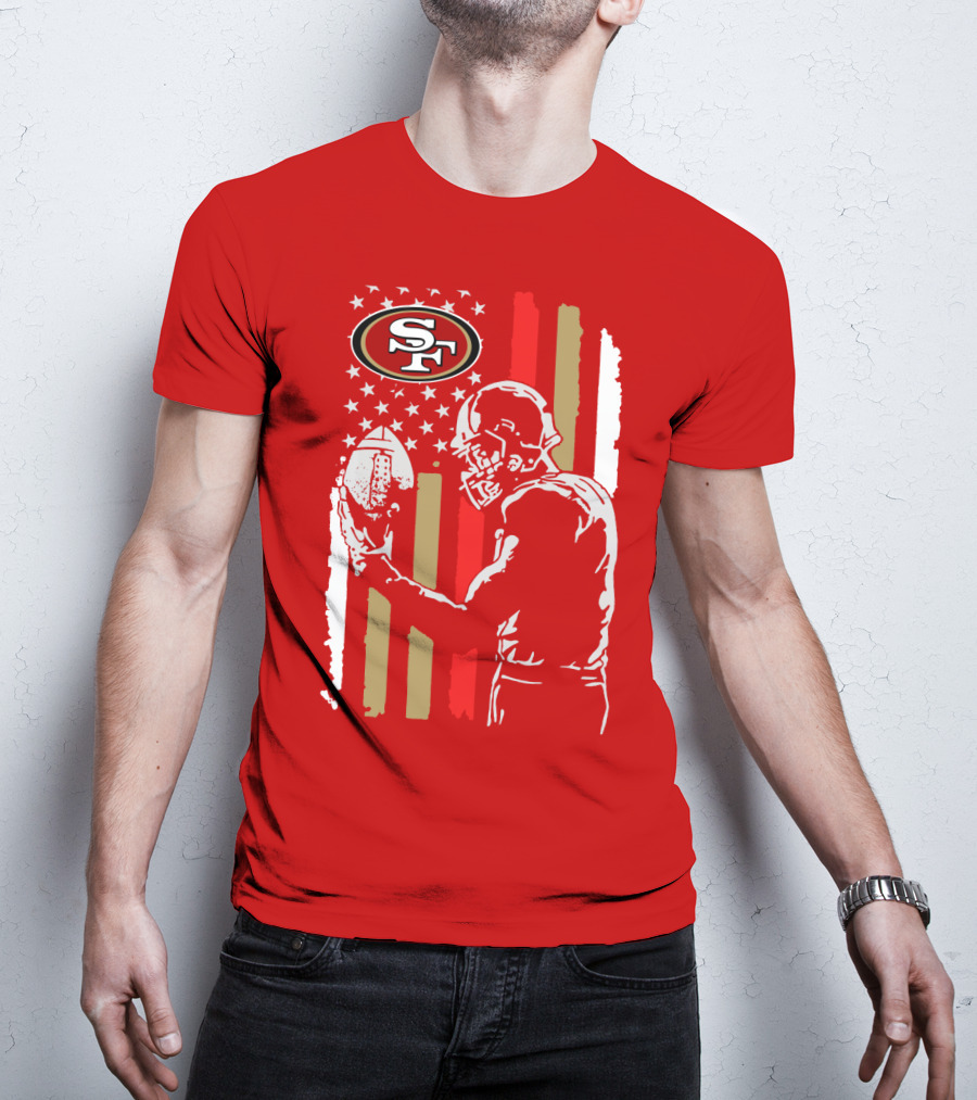 San Francisco 49ers Football Player With Logo And American Flag T-Shirt
