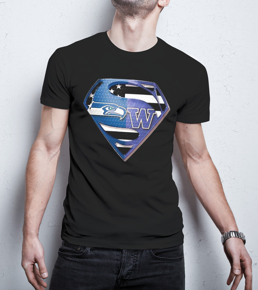 Superman Seattle Seahawks Washington Huskies Logo Combination T-Shirt