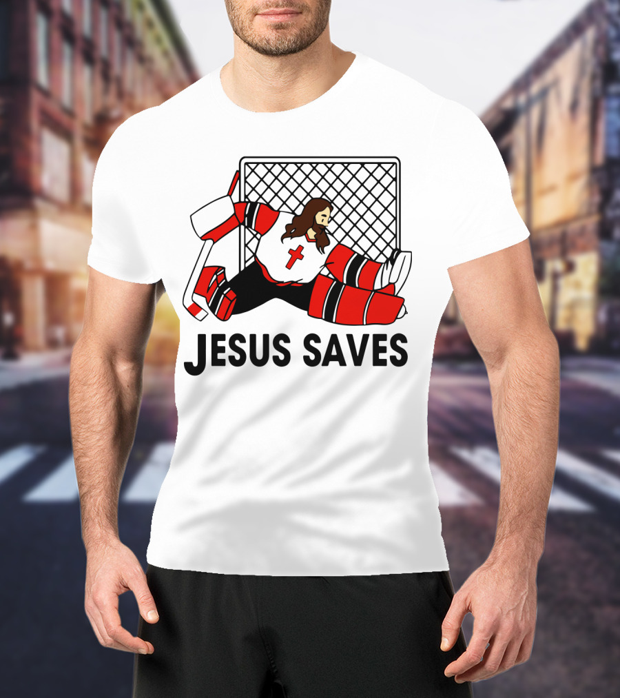 Hockey Jesus Saves Goalkeeper With Cross Motif In Action T-Shirt