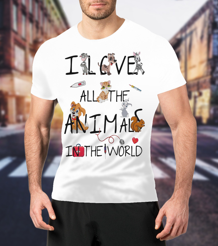 I Love All The Animals In The World Vet Theme With Cute Cartoon Animals And Medical Tools T-Shirt