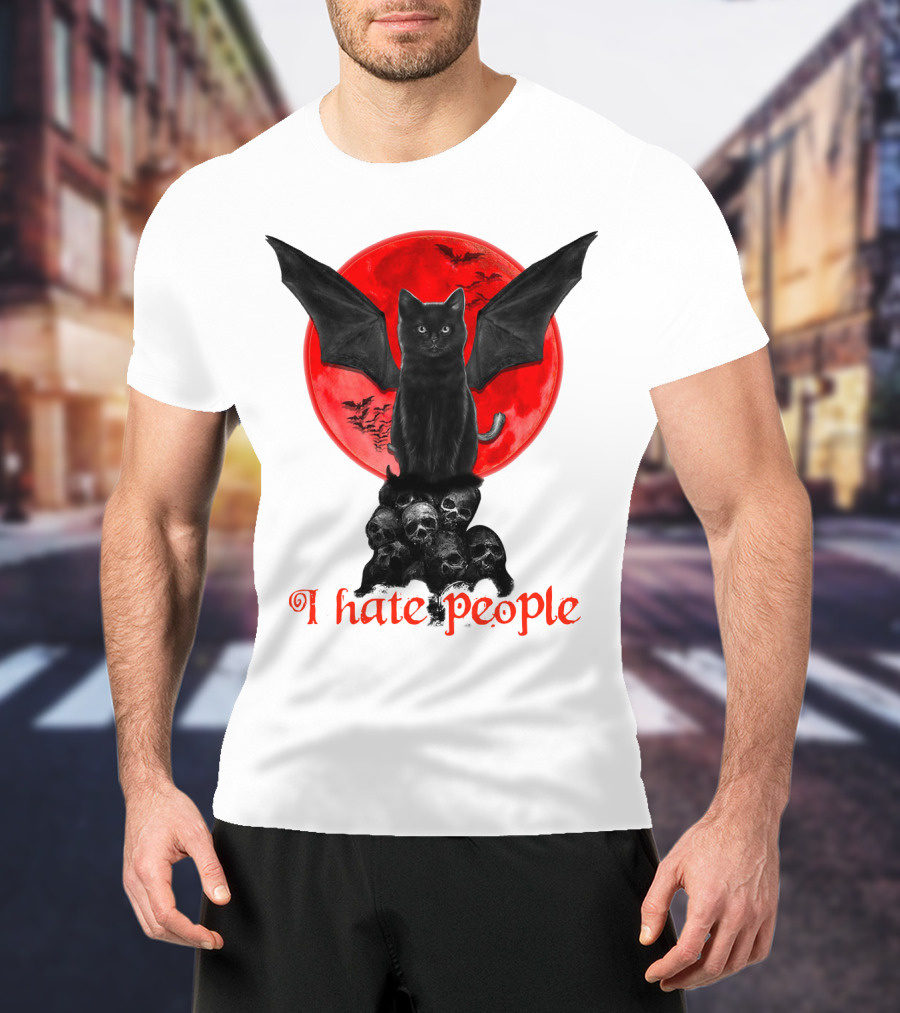 Black Bat Cat I Hate People Red Moon Skulls T-Shirt