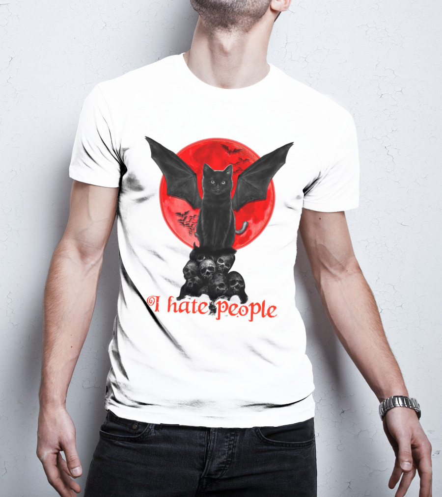 Black Bat Cat I Hate People Red Moon Skulls T-Shirt