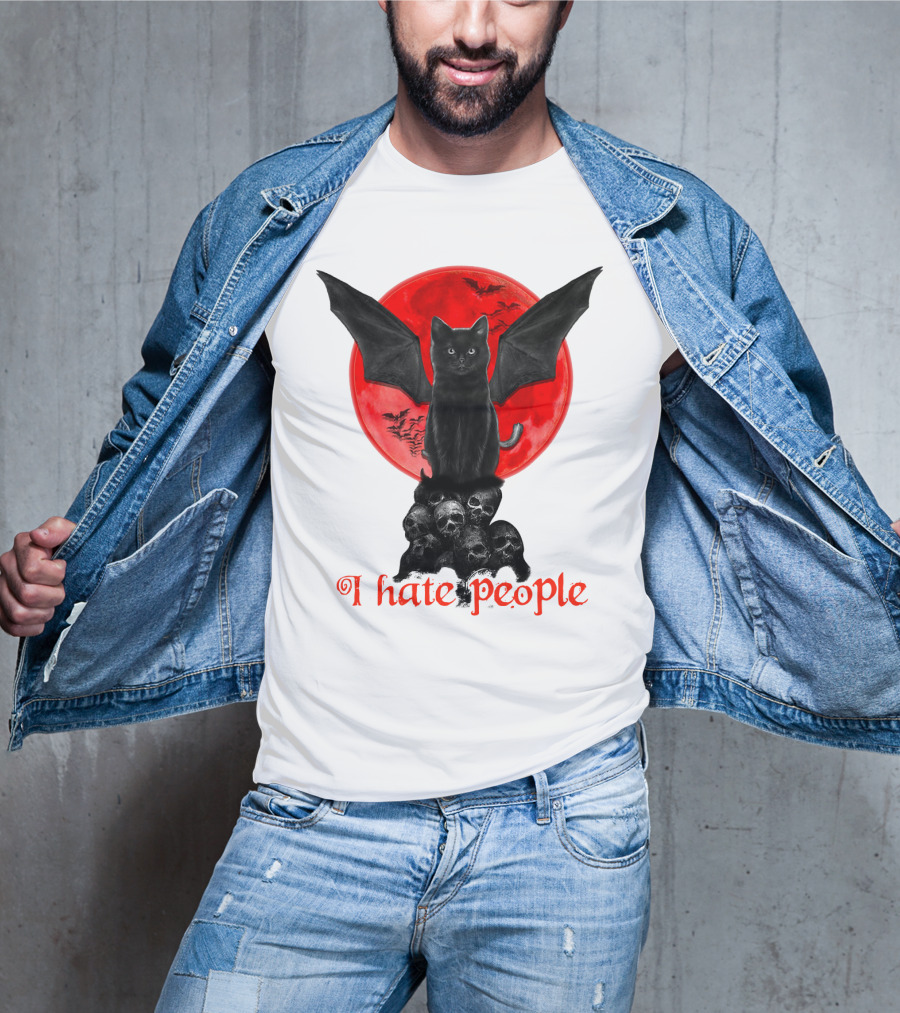 Black Bat Cat I Hate People Red Moon Skulls T-Shirt