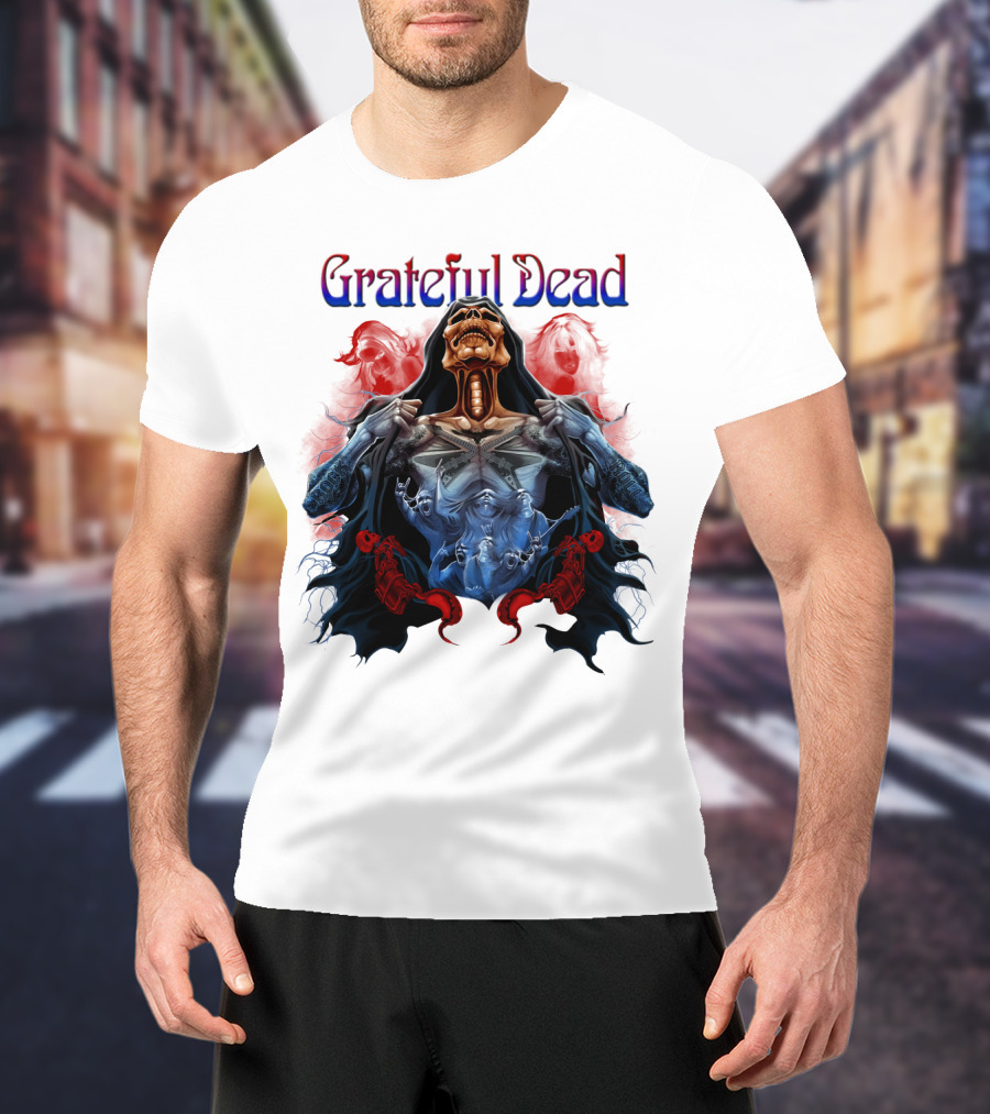 Grateful Dead Skeleton Artwork With Red And Blue T-Shirt