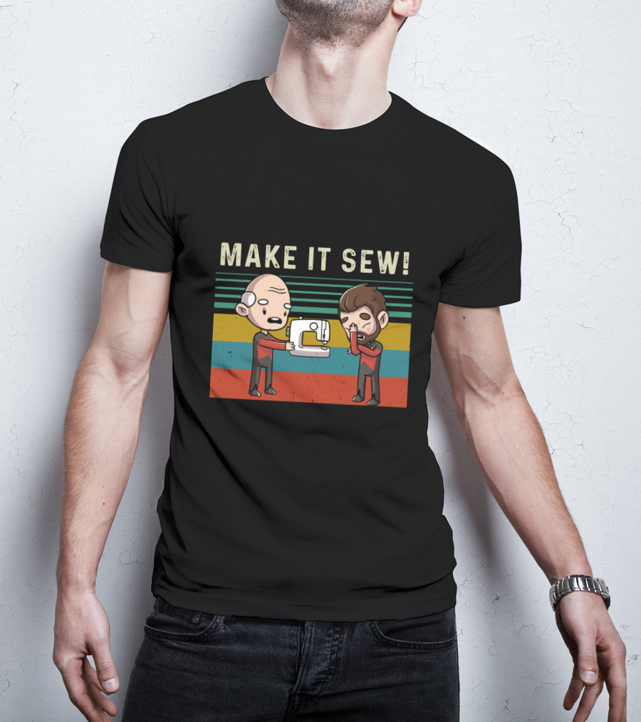 Make It Sew Featuring William Riker And Jean Luc Picard Sewing Machine T-Shirt