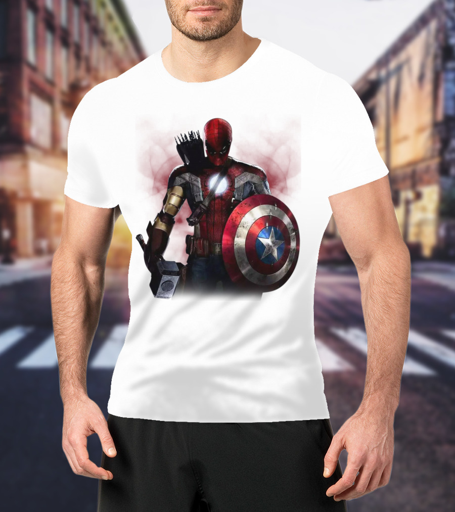 Overpowered Avengers Man Captain America Spider-Man Thor Iron Man Fusion With Shield And Mjolnir T-Shirt