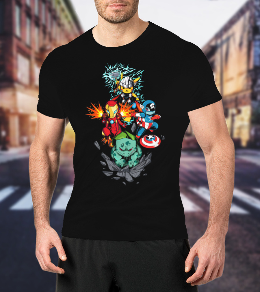 Avengers Pokemon Crossover Pikachu Thor Iron Man Bulbasaur Captain America T-Shirt