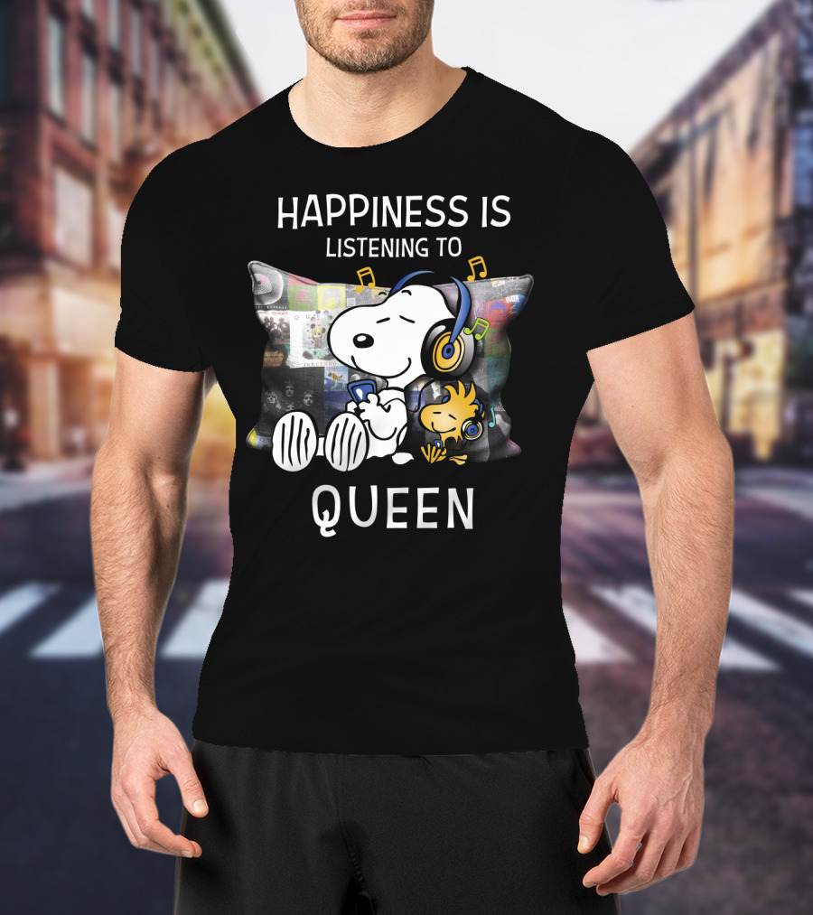 Happiness Is Snoopy And Woodstock Listening To Queen Music T-Shirt