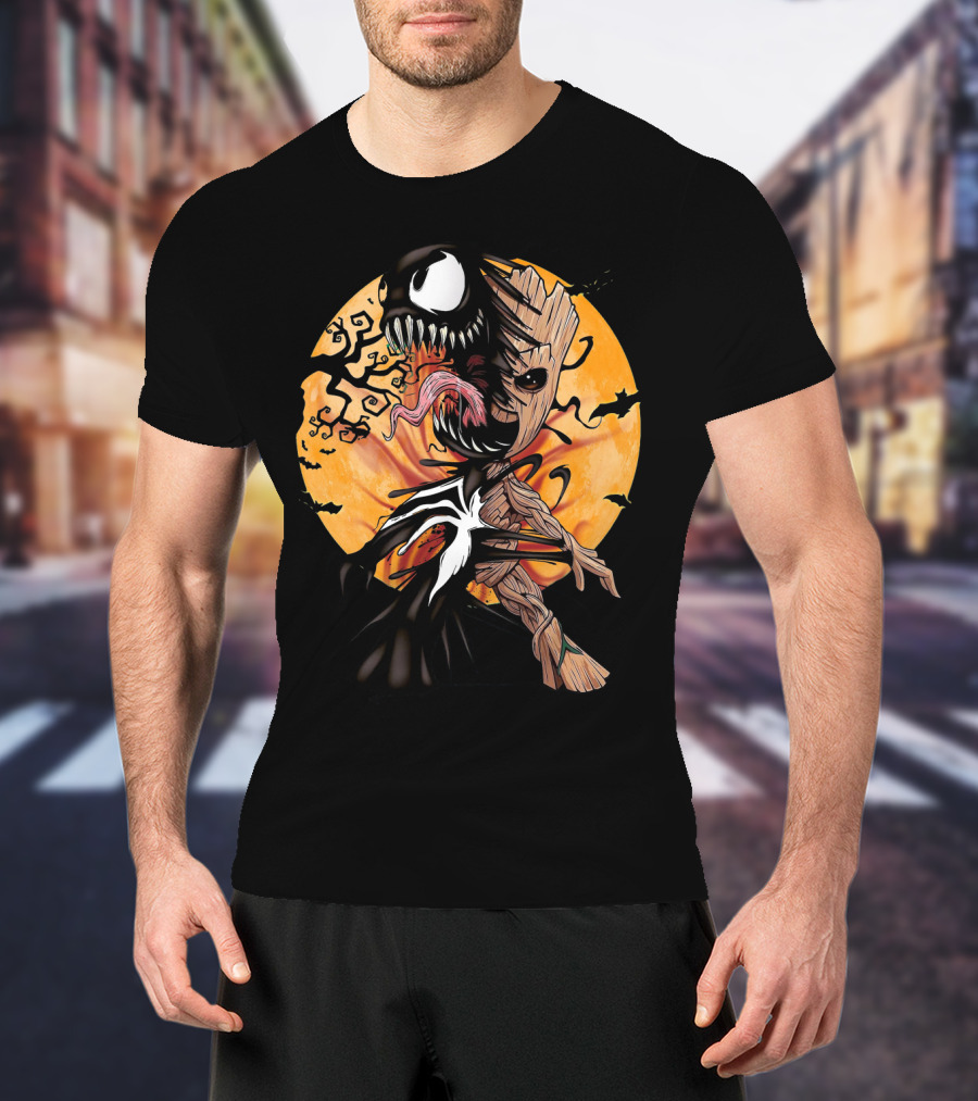 Baby Groot Venom Symbiote Halloween Moon Scene T-Shirt