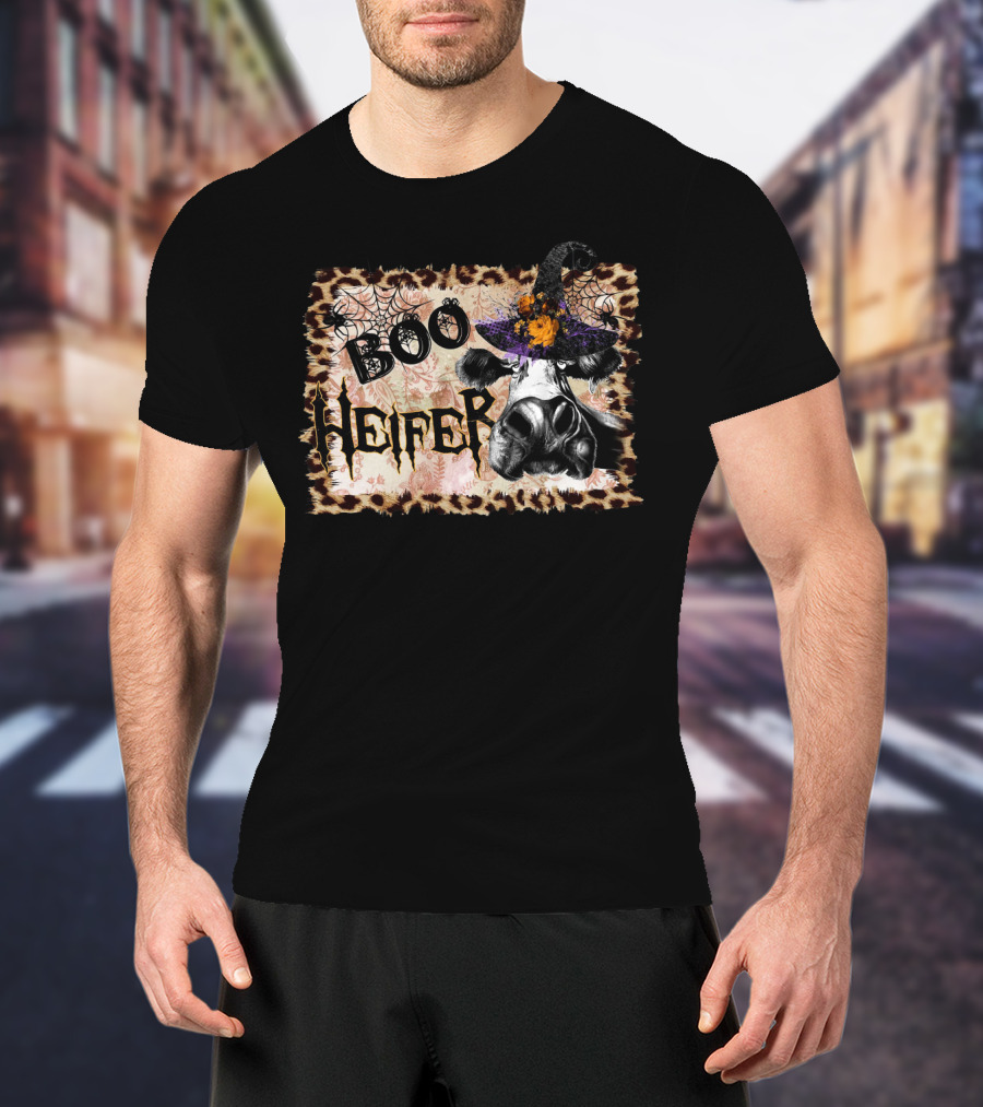 Boo Heifer Halloween Cow Witch Hat Leopard Print Spiderweb T-Shirt