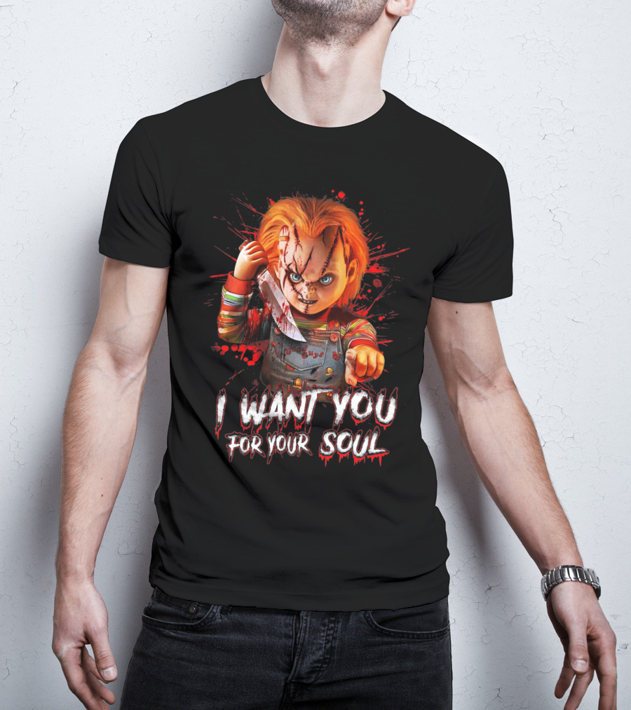 Chucky Horror Character With Knife I Want You For Your Soul T-Shirt