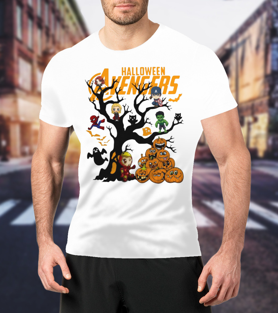 Chibi Halloween Avengers Characters With Pumpkins And Ghosts T-Shirt