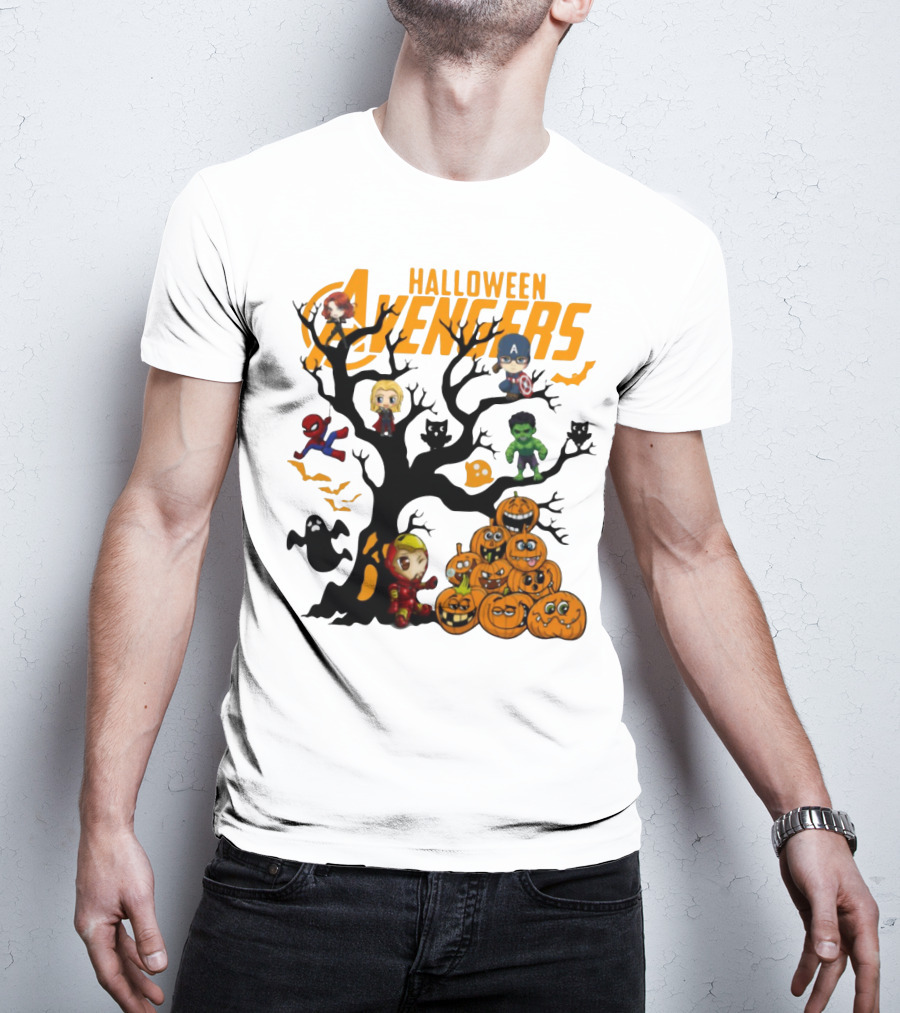 Chibi Halloween Avengers Characters With Pumpkins And Ghosts T-Shirt