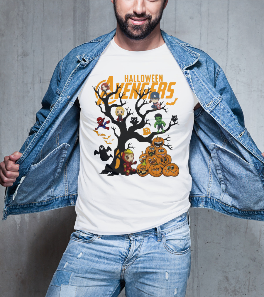 Chibi Halloween Avengers Characters With Pumpkins And Ghosts T-Shirt